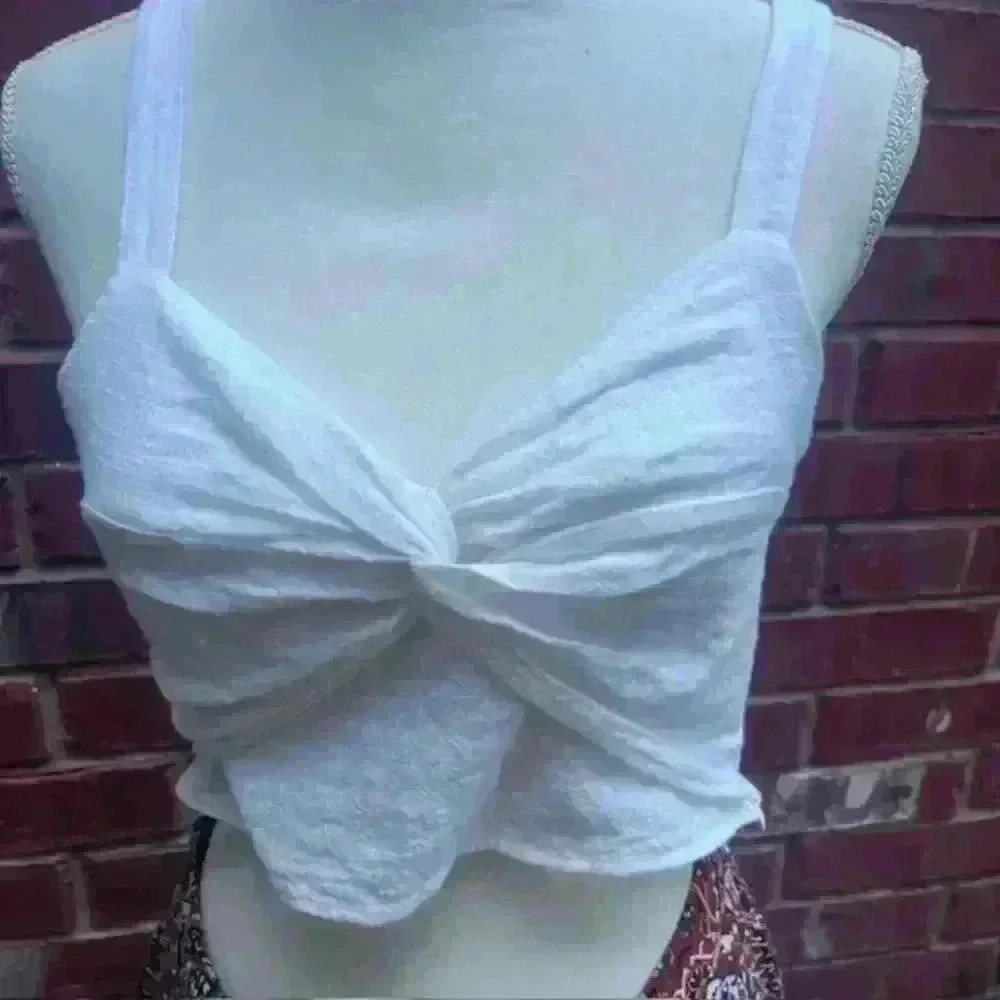 Zara Women's White Linen Blend Knotted Crossover Crop Lightweight Top Sz M